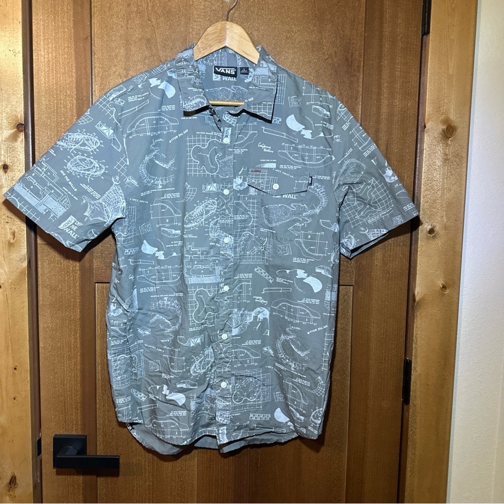 Vans Off The Wall Mens Large Grey Blueprint Skatepark Graphic Short Sleeve Shirt